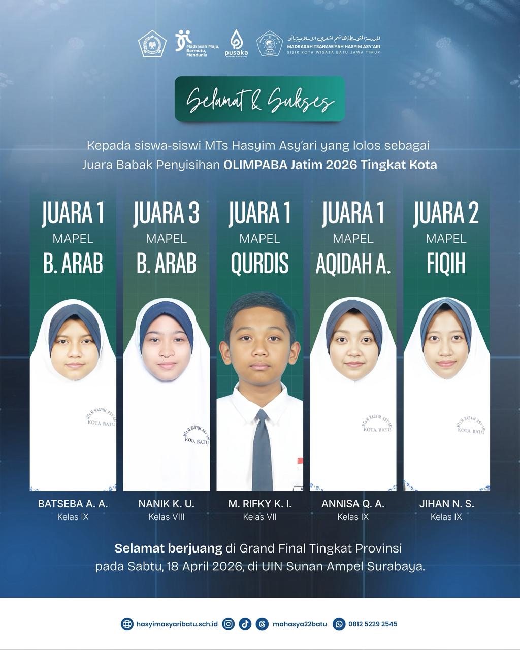 Membanggakan! Delegasi MTs Hasyim Asy’ari Borong Juara di Babak Penyisihan OLIMPABA Jatim 2026